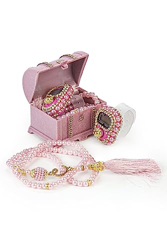 İhvan Online Chest Gift Box with Islamic Finger Counter and Prayer Beads, Portable Digital Tasbeeh, Pearl Zikirmatic Beads, 2 Pieces Gift for Ramadan & Eid & Mevlüt (Pink)