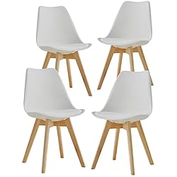 EGOONM Juego de 4 Sillas de Comedor Escandinavas, Sillas de Cocina Retro Tapizadas con Patas de Madera Maciza de Pino, Blanco