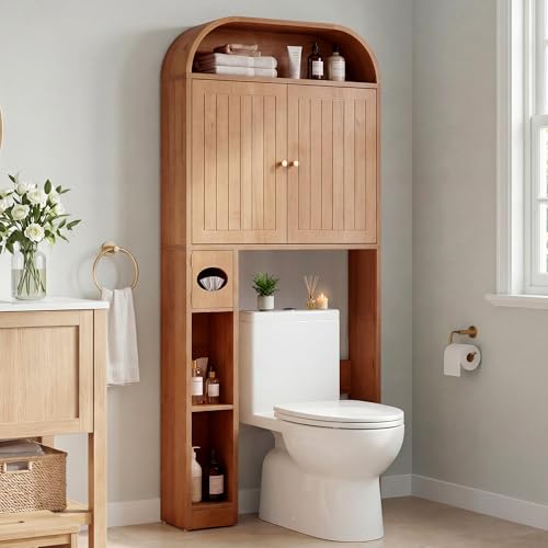 LEVNARY 31" Wide Over the Toilet Storage with Toilet Paper Holder, Arched Bathroom Organizer with Fluted Doors, 4-Tier Space Saving Freestanding Cabinet with Adjustable Shelves (Caramel)