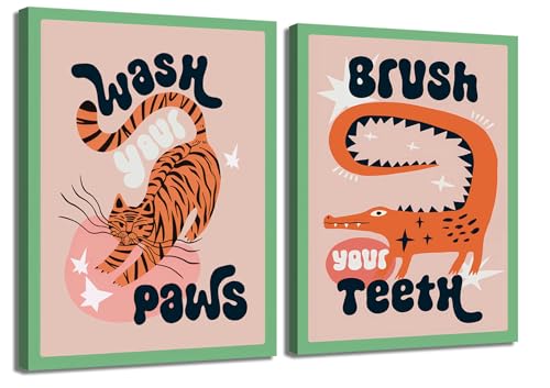 YFvrPt Funny Bathroom Animal Wall Art, Tiger Wash Your Paws Bathroom Wall Decor, Cute Eclectic Restroom Poster Canvas Prints Funky Maximalist Toilet Sign for Kids Room Nursery Framed 12x16 inch by YFvrPt - Used condition - US$23.19
