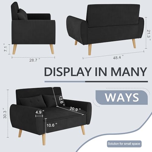 Image of Shintenchi 48'' Loveseat Sofa, Mid-Century Modern Upholstered Couch Deep Seat with 2 Pillows, 10 inch Thick Cushion with Spring, Solid Wood Frame Small Couch for Living Room, Dorms & Office, Black