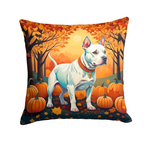Caroline's Treasures DAC1008PW1818 White Pit Bull Terrier Fall Fabric Decorative Pillow Machine Washable, Indoor Outdoor Decorative Pillow for Couch, Bed or Patio, 18Hx18W