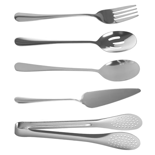 5 PCS Serving Spoons Large Stainless Steel Serving Spoons Serving Spoon Set Slotted Servings Spoon Servings Forks Tongs Cake Server Cooking Spoon Set