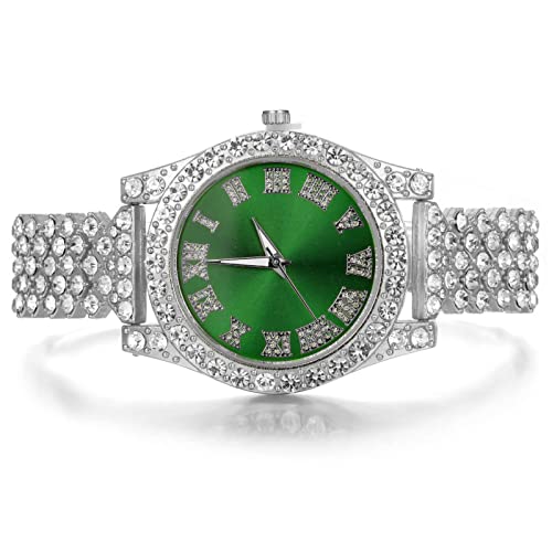 Image of Halukakah Diamonds Gold Watch Iced Out, Kid's 18K Real Gold /Platinum White Gold Plated 36MM Width Green /Blue /Red Dial Quartz Wristband 8 inch with Cuban Link Chain 7 inch+16 inch Bracelet, Free Giftbox