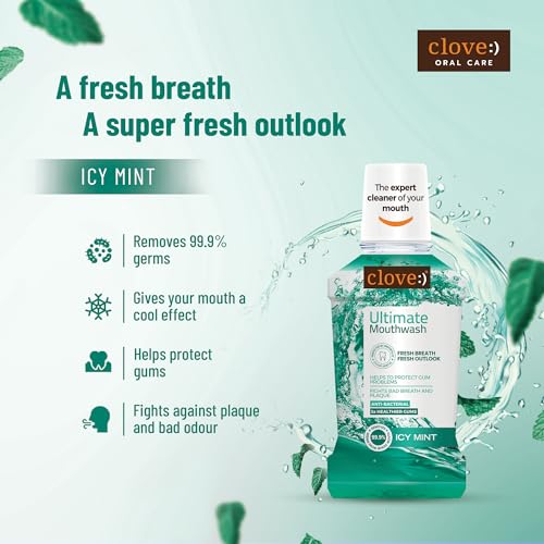 Image of Clove Ultimate Mouthwash, Antibacterial & Anti-Plaque, Kills 99.9% Germs, 24-Hour Bad Breath Protection, Safe formula, Fresh Icy Mint Flavour, 250ml