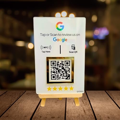 Image of NFC & QR Tap or Scan Feedback Standee for Business - Contactless Link Sharing for Shops, Clinics, Salons, Restaurants - Golden Border - Acrylic Standee
