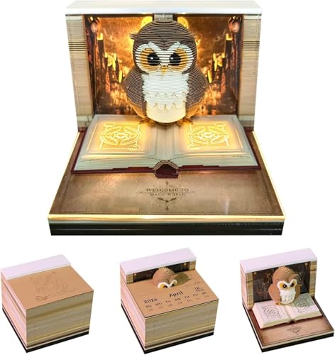 MAXFOREST 3D Calendar 2026 with LED Light & Memo Pad, Timepiece Planner Tear-Away Paper Carving Art, Creative Perpetual Organizer for Office Home Decor, Ideal New Year Holiday Gift (Owl)