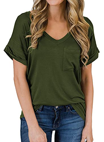 MIHOLL Women s Short Sleeve V-Neck Shirts Loose Casual Tee T-Shirt (Army Green, Large)
