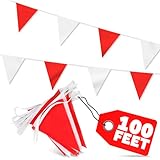 Triangle Pennant Banner Flags - 100 Ft Red and White Banner Flags on String, Durable and Easy to Clean, Bright and Non-Fade Colors, Good for Decorations, Birthday, Carnival, and Parties