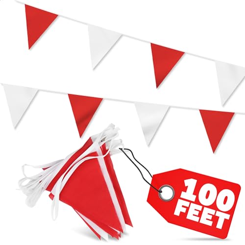 Triangle Pennant Banner Flags - 100 Ft Red and White Banner Flags on String, Durable and Easy to Clean, Bright and Non-Fade Colors, Good for Decorations, Birthday, Carnival, and Parties