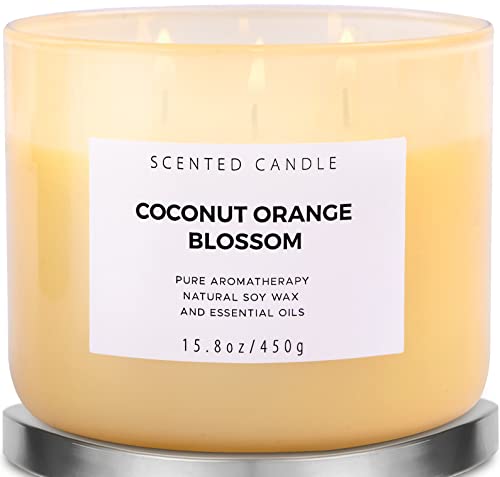 Coconut Orange Blossom Scented Candles | 3 Wick Candle | Candles for Home Scented | Coconut Candle | Spring Candles | Relaxing Candles for Women | Large Soy Candles | Aromatherapy Meditation Candles