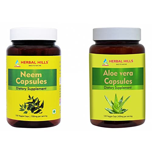 Herbal Hills Neem Capsules And Aloe Vera Capsules/Aloe Barbadensis Dried Powder Each 120 Count Combo (Pack Of 2) #TOP11