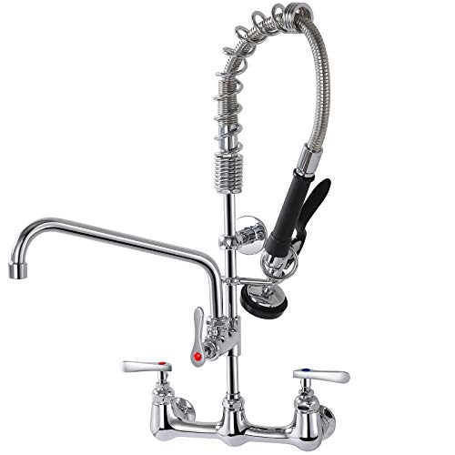 Pre-Rinse Commercial Kitchen Faucet, 25” Height Sink Faucet with 12” Add-on Spout, 8'' Adjustable Center Wall Mount, Pull down Sprayer, Stainless Steel Hose, Solid Brass, Chrome
