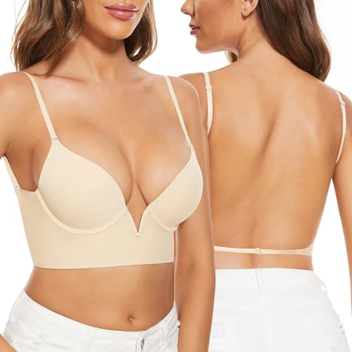 Image of Low Back Bras-Seamless Deep-V Plunge Invisible Backless Bra-Underwire Lightly Lined Halter Multiway Low Cut Bra