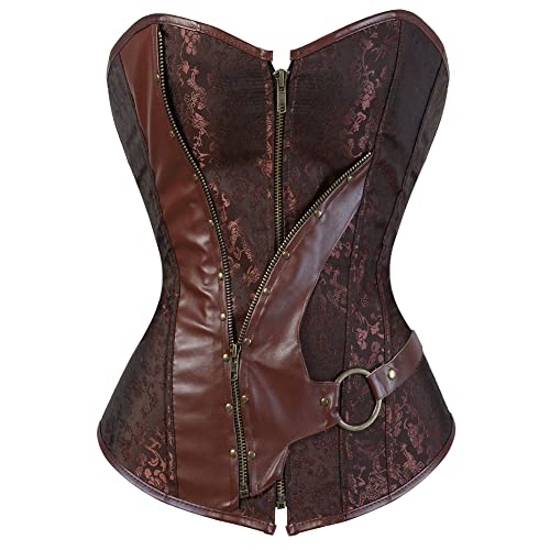 Corset steampunk femme marron Grebrafan : bustier cuir vintage victorien