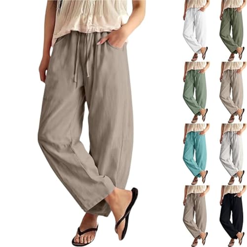 HJYUZP Linen Barrel Pants Women Wide Leg Palazzo Cotton Drawstring Capris Casual Summer Beach Vacation Boho Baggy Trousers Petite Plus Size Baggy Comfy Gauze Ladies Harem Flowy Pants Khaki
