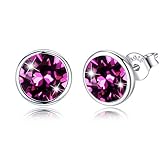 Klassische runde Österreich Kristall Ohrringe, 925 Sterling Silber Ohrstecker, Jubiläum Geburtstag Hochzeitsgeschenke für Frauen, elegante Schmuck Box (Lila)