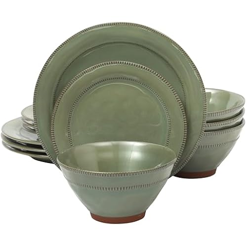 Gibson Elite Terranea 12 Piece Dishes Reactive Glaze Plates and Bowls Terracotta Dinnerware Set - Service for 4 - Green