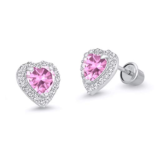 925 Sterling Silver Rhodium Plated Heart Cubic Zirconia Screwback Baby Girls Earrings