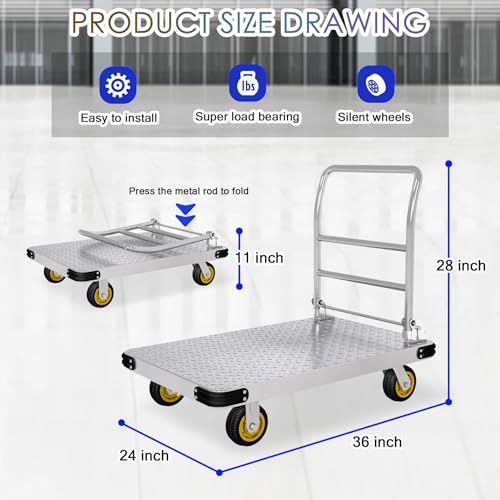 Platform Truck Heavy Duty Push Cart Dolly with 2000 LBS Capacity Foldable Moving Flatbed Cart with 6\'\' Swivel Wheels Large Steel Platform Dolly Cart for Groceries, Garage, Warehouse (36\"X 24\")