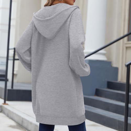 MaMiDay Long Hoodies for Women Zip Up Double Zipper Fleece Jacket Tunic Sweatshirts Fall Winter Fashion Clothes Gray