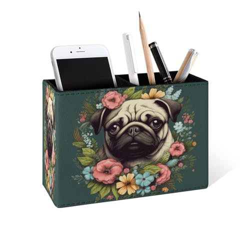 Famame Porta-lápis vintage de flores ao redor de pug para mesa, recipiente de mesa de couro, organiz