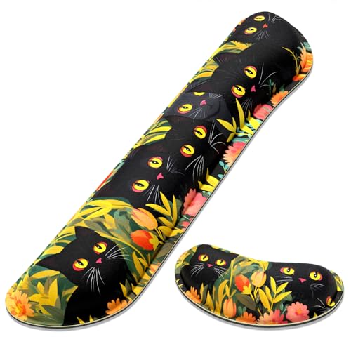 Dapesuom Enlarge Keyboard Wrist Rest, Memory Foam Wrist Cushion for Desk Mats Support, Cute Typing Pain Relief Keyboard Mouse Pad Rests Set with Non-Slip Base for Gaming Laptop Computer, Black Cats