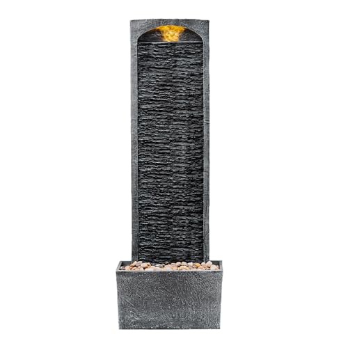Teamson Home 38.5" Faux Slate Contemporary Outdoor LED Waterfall Fountain with Pebble Base, Gray/Black