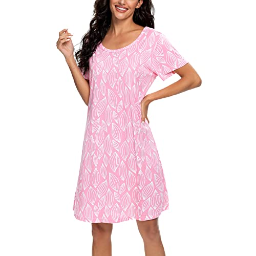 Tugege Women's Nightgown Short Sleeve Sleepshirts House Dress Sleepwear Casual Print Pajama (Pink Leaves, Medium) #TOP4