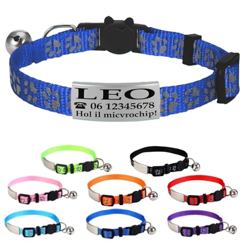 Ibera Gifts – Collare Gatto Personalizzato Antistrangolamento e Riflettente, Regolabile, con Targhetta Incisa, Sicuro e Confortevole per Tutti i Gatti (Blu)