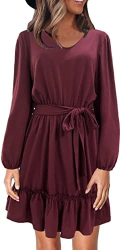 Alaster Women’s Long Lantern Sleeve Tunic Dresses 2023 Tie Waist Flowy Swing Dress Casual Fall Ruffle Dresses for Women