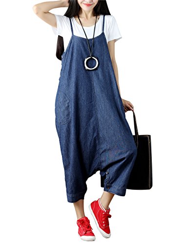 Yeokou Women's Loose Baggy Denim Wide Leg Drop Crotch Jumpsuit Rompers Overalls - Blue - Medium