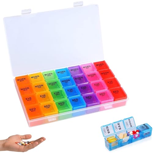 7 Day 4 Times A Day Pill Organiser 28 Compartments High Capacity Dossett Pill Box Portable Moisture-Proof Weekly Medication Organiser for Vitamins Supplements & Tablets