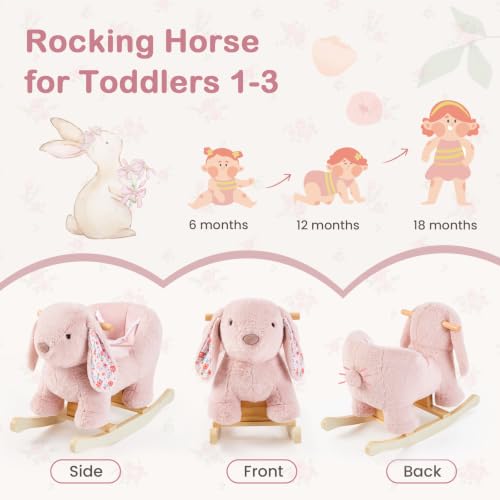 labebe Pink Rabbit Rocking Horse for Toddlers, Plush Baby Rocker with Safety Seat Belt & High Backrest, Wooden Ride On Toy for 1 Year Old Girls, Nursery Birthday Gift by labebe - Used condition - Image 6