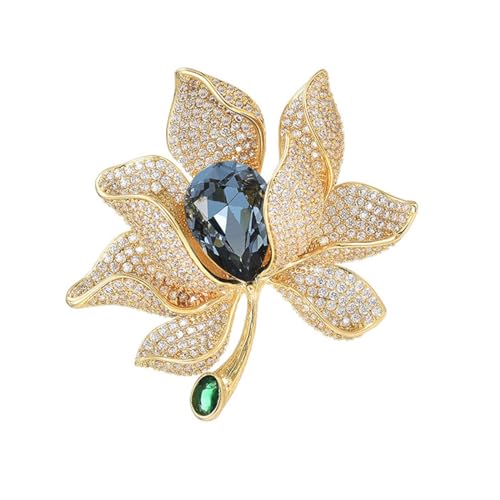 Broche de pétalos de flores doradas de cristal azul para mujer, accesorios delicados de vestir, cumpleaños, boda, día de la madre, regalo de joyería