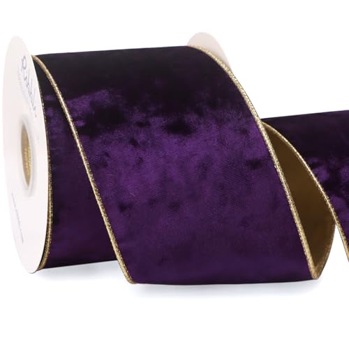 Image of Ribbli Purple Velvet Wired Ribbon 4 Inch Metallic Purple Gold Crushed Velvet Christmas Ribbon for Gift Wrapping Christmas Tree Decoration Crafts Wreaths Supplies-Continuous 10 Yards