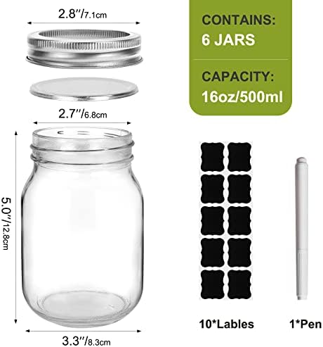 16 oz Glass Mason Jars, 6 Pack 500ml Canning Jars with Regular Mouth Lids, Glass Jars Storage Containers for Overnight Oats, Jam, Jelly, Honey, Beans, Spice, Wedding Party Favor, Shower Favors
