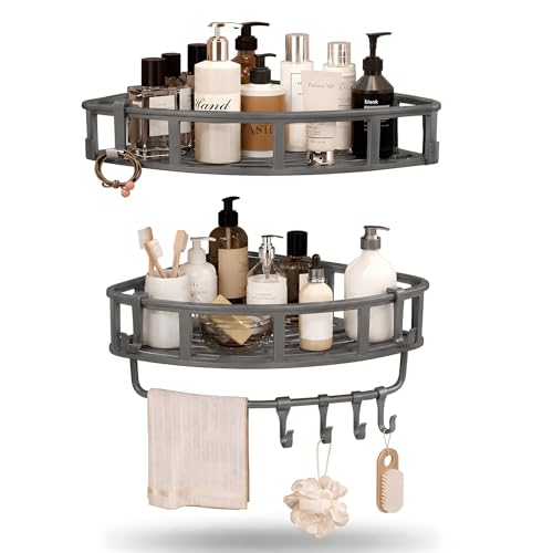 Corner Shower Caddy Organizer, No-Drilling Rustproof Adhesive Shower Corner Shelves, Bathroom Storage Rack with Hooks and Soap Holder, Quick-Drain Hanging Shower Caddies on Wall(2 Pack, Gray)