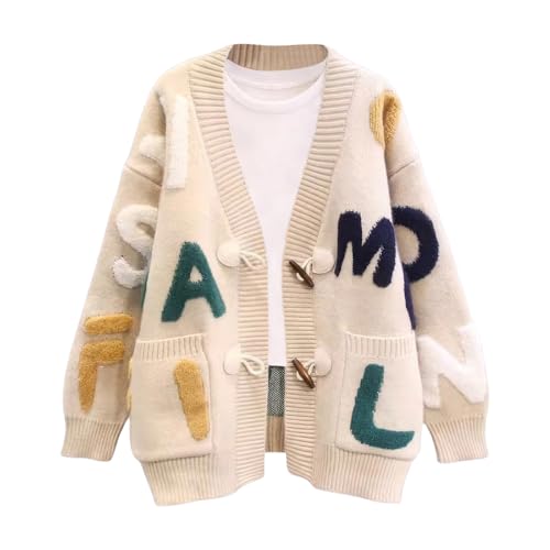 Image of ebossy Women's Cute Alpha Embroidery Cable Knit Cardigans Horn Button Sheep V Neck Slouchy Sweater Coat