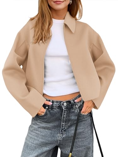 Yousify Womens Cropped Pea Coats Zip Up Short Casual Bomber Wool Blend Jackets Barn Fall Outerwear with Pockets