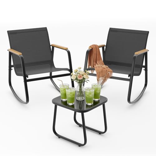 BRO A SIS Set de Muebles para Jardín con 2 Sillas Mecedoras - Conjunto Bistró de Textileno Negro y Acero, Sala Exterior Moderna para Balcón y Terraza con Brazos de Madera (3 Piezas)