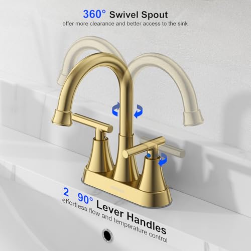 4 inch Brushed Gold Bathroom Sink Faucet with Pop-up Drain and 2 Supply Hoses, Stainless Steel Lead-Free 2-Handle Centerset Faucet for Bathroom Sink Vanity RV