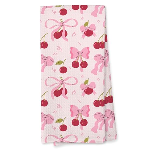 Giosve Pink Bow Cherry Kitchen Towels, Preppy Coquette Bow Hand Towels for Bathroom, Pink Cherry Dish Tea Towels for Kitchen Decor, Coquette Girly Bathroom Decor, 16x24 Inch