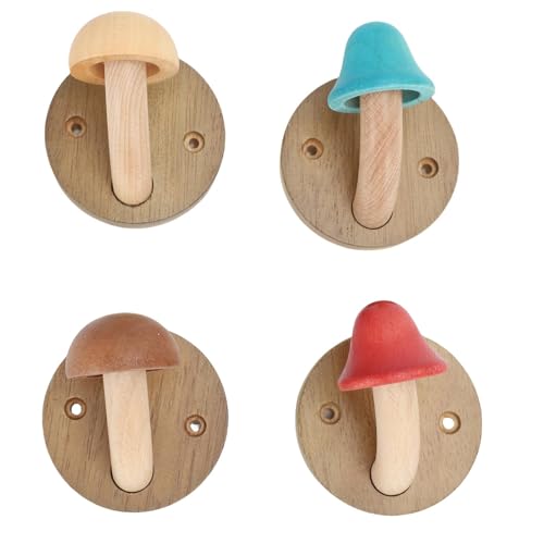 BAFOVY Perchero de Pared de Madera con Forma de Seta, 4 Ganchos de Madera Maciza con Hierro Reforzado para Baño, Cocina, Guardarropa, Colgador de Toallas Decorativo para el Hogar, Guardería,