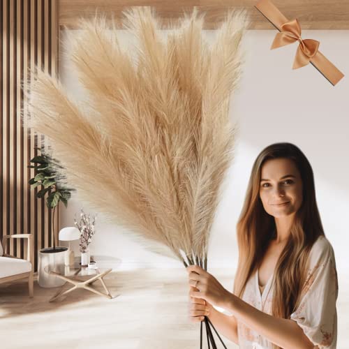 Extra Large Pampas Grass Artificial Fluffy, Fake Large Feathers For Floor Vase, Decorative Tall Artificial Flowers For Vase, Brown Pampas Grass Bedroom Living Room Ornaments, 3 stems x 116cm Long