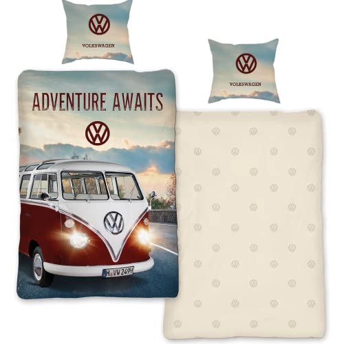 Bettwäsche VW Bulli 135x200 cm 80x80 Kissenbezug Baumwolle Bus Bulli Volkswagen Bettwäsche-Set | VW Geschenke für Männer| Öko-Tex Standard 100 | Deutsche Standardgröße