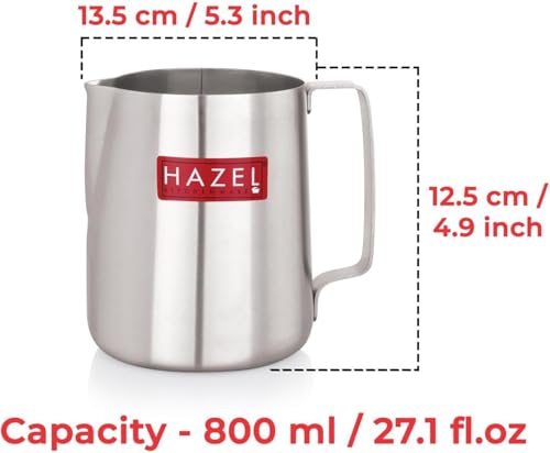 Image of HAZEL Stainless Steel Tea Coffee Milk Frothing Pitcher Serving Pot with Handle Spill Proof Pouring, 800 ML