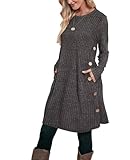 Aokosor Pulloverkleid Damen Langarm Kleider Strickkleid für Damen Winterkleid Tunika Kleid Jumper Kleid mit Knöpfen und Taschen Streifen Silbrig XL