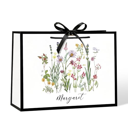 LeZakaa Custom Floral Gift Bag with Ribbon Bow, Personalized Name