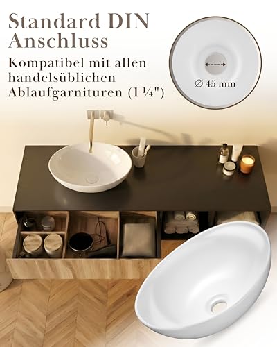 VMbathrooms Premium Waschbecken Oval mit Lotus-Effekt | 41x 33x 14,5 cm |Aufsatzwaschbecken für das Badezimmer und Gäste-WC | Waschschale ohne Hahnloch und ohne Überlauf | Rein-weißes Aufsatzbecken